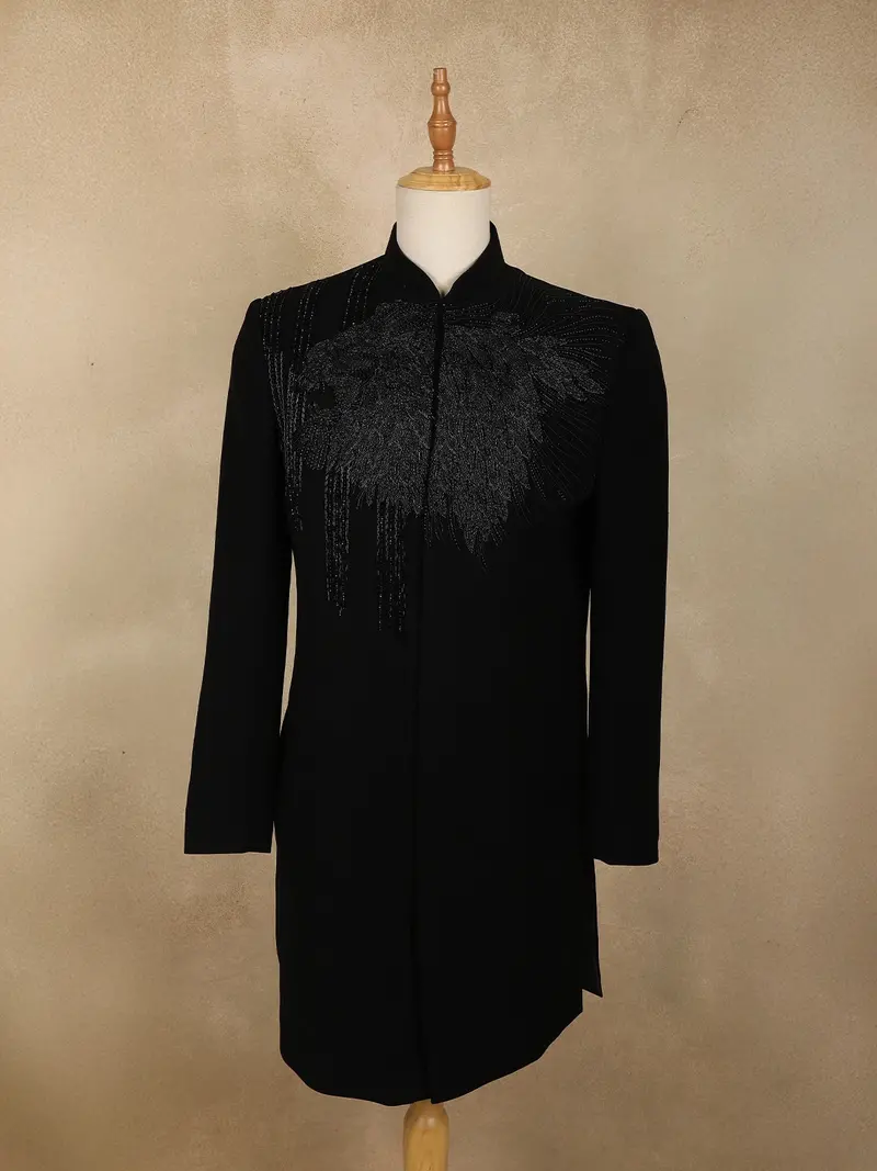 Navy Blue Heavy Beads Embroidered Design Polynosic Indo Western Men's Sherwani Set 1