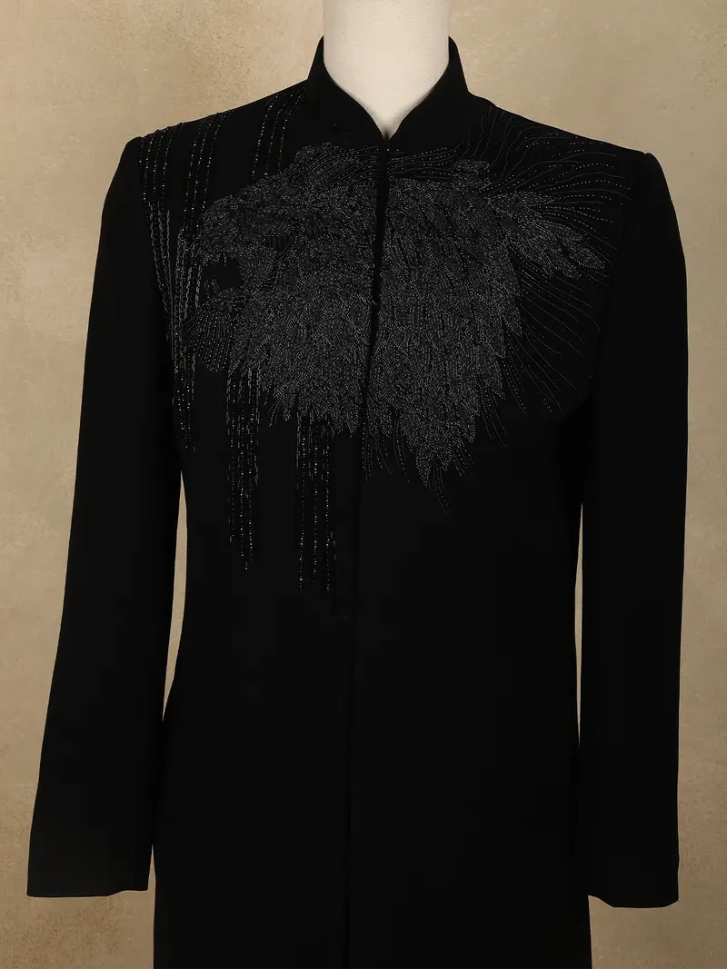 Navy Blue Heavy Beads Embroidered Design Polynosic Indo Western Men's Sherwani Set 2