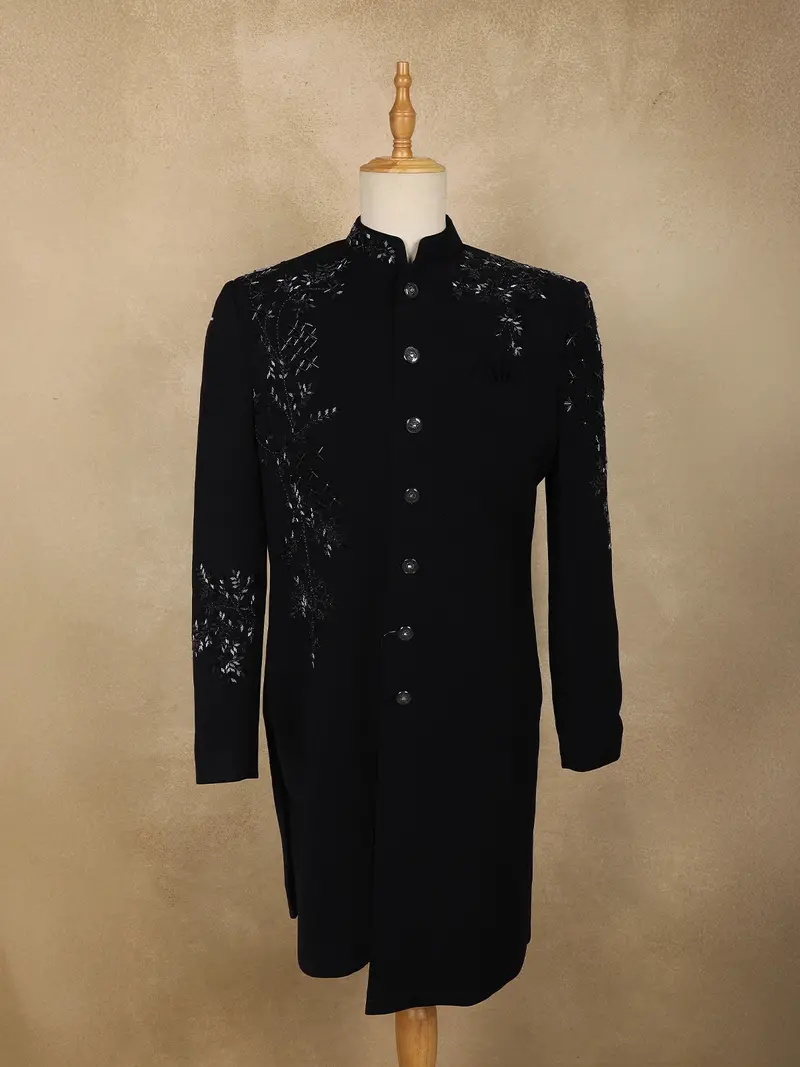 Navy Blue Heavy Beads Embroidered Design Polynosic Indo Western Men's Sherwani Suit With Unstitched Pant 1