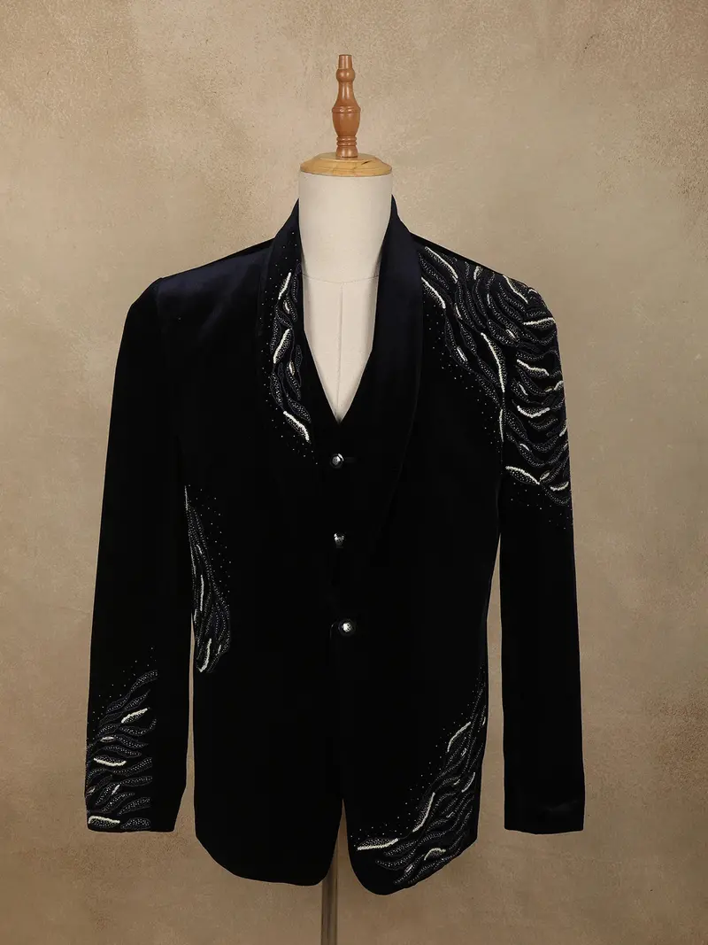 Navy Blue Heavy Beads Embroidered Design Velvet Men's Suit 1