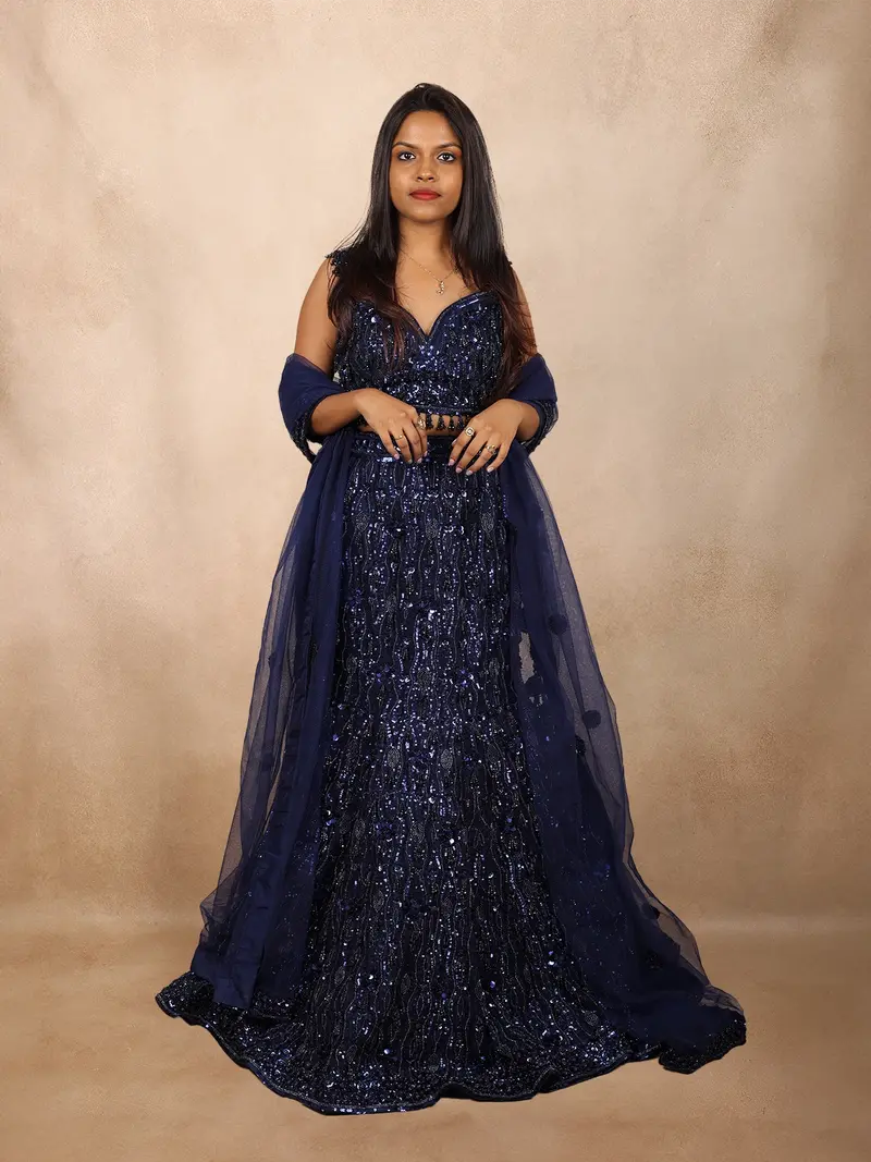 Navy Blue Heavy Sequins And Beads Embroidered Design Mermaid Net Lehenga With Dupatta 1