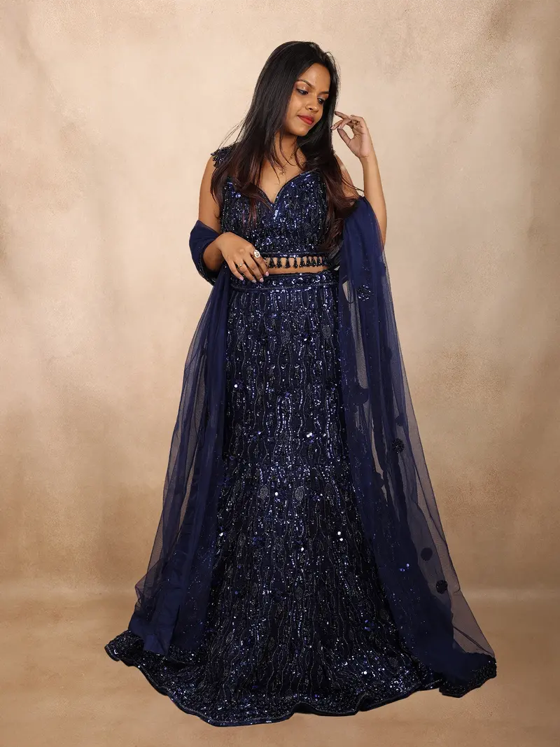 Navy Blue Heavy Sequins And Beads Embroidered Design Mermaid Net Lehenga With Dupatta 2