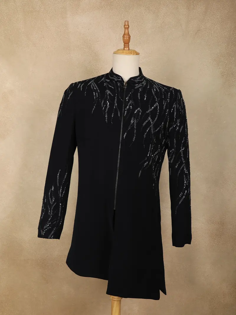 Navy Blue Heavy Sequins And Beads Embroidered Design Polynosic Indo Western Men's Sherwani Set 1
