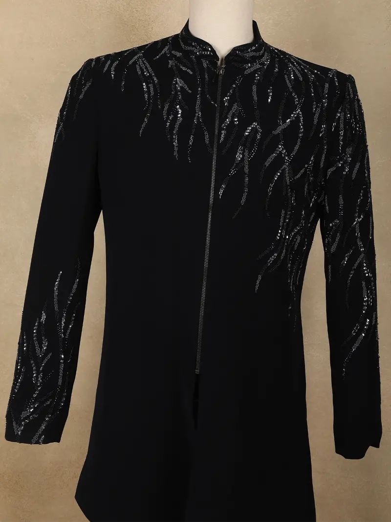 Navy Blue Heavy Sequins And Beads Embroidered Design Polynosic Indo Western Men's Sherwani Set 2