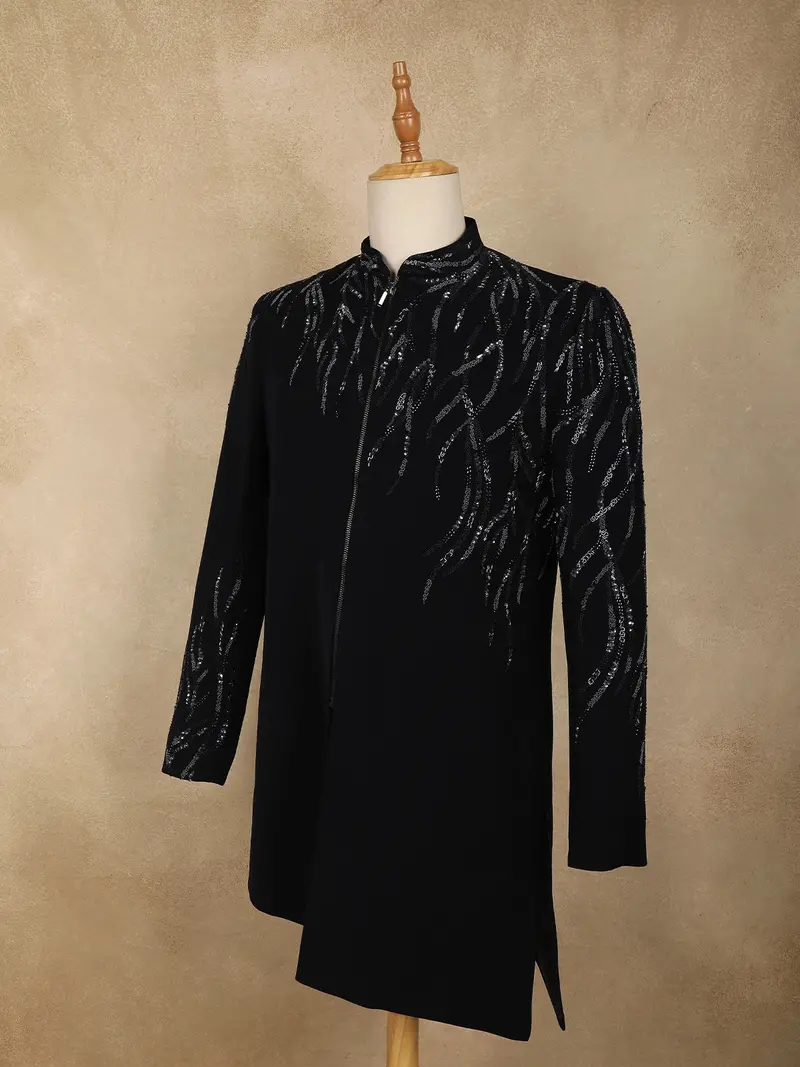 Navy Blue Heavy Sequins And Beads Embroidered Design Polynosic Indo Western Men's Sherwani Set 3