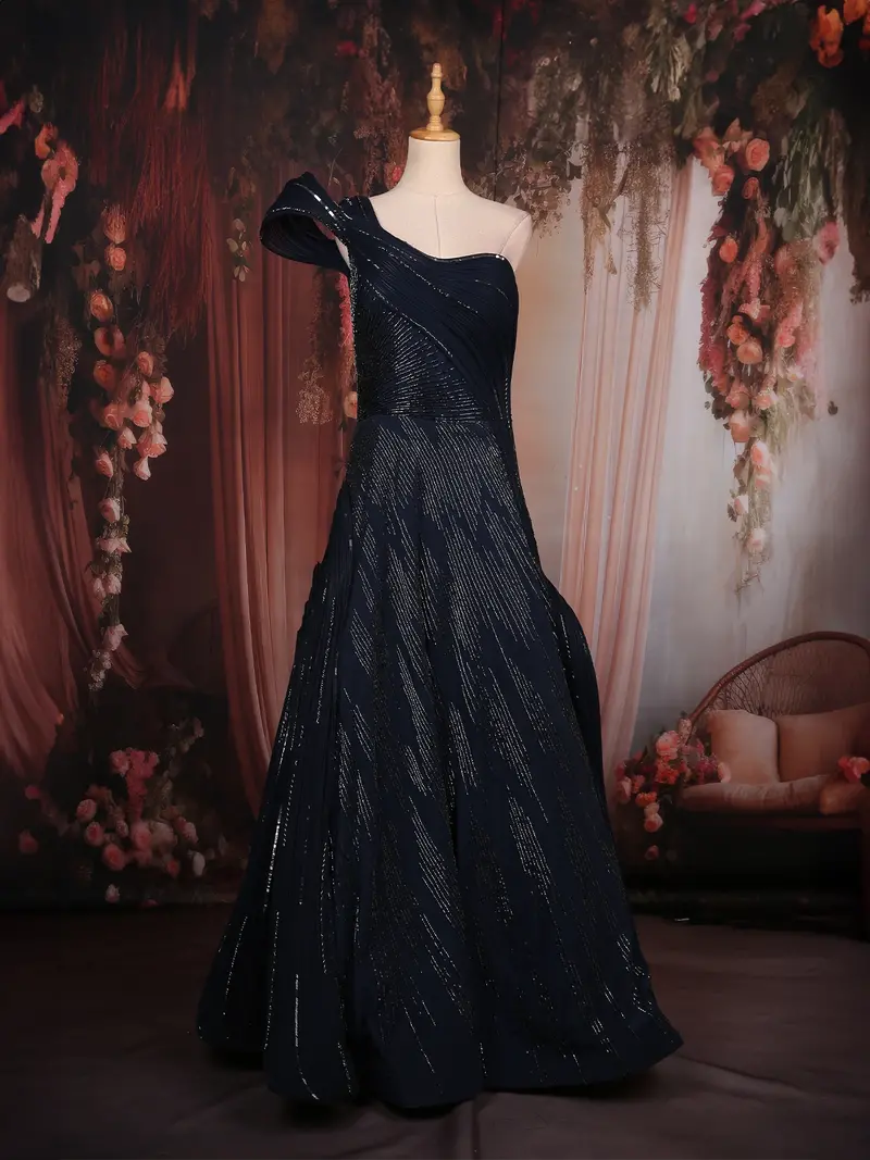 Navy Blue Heavy Sequins Design Satin Party Wear Gown 1