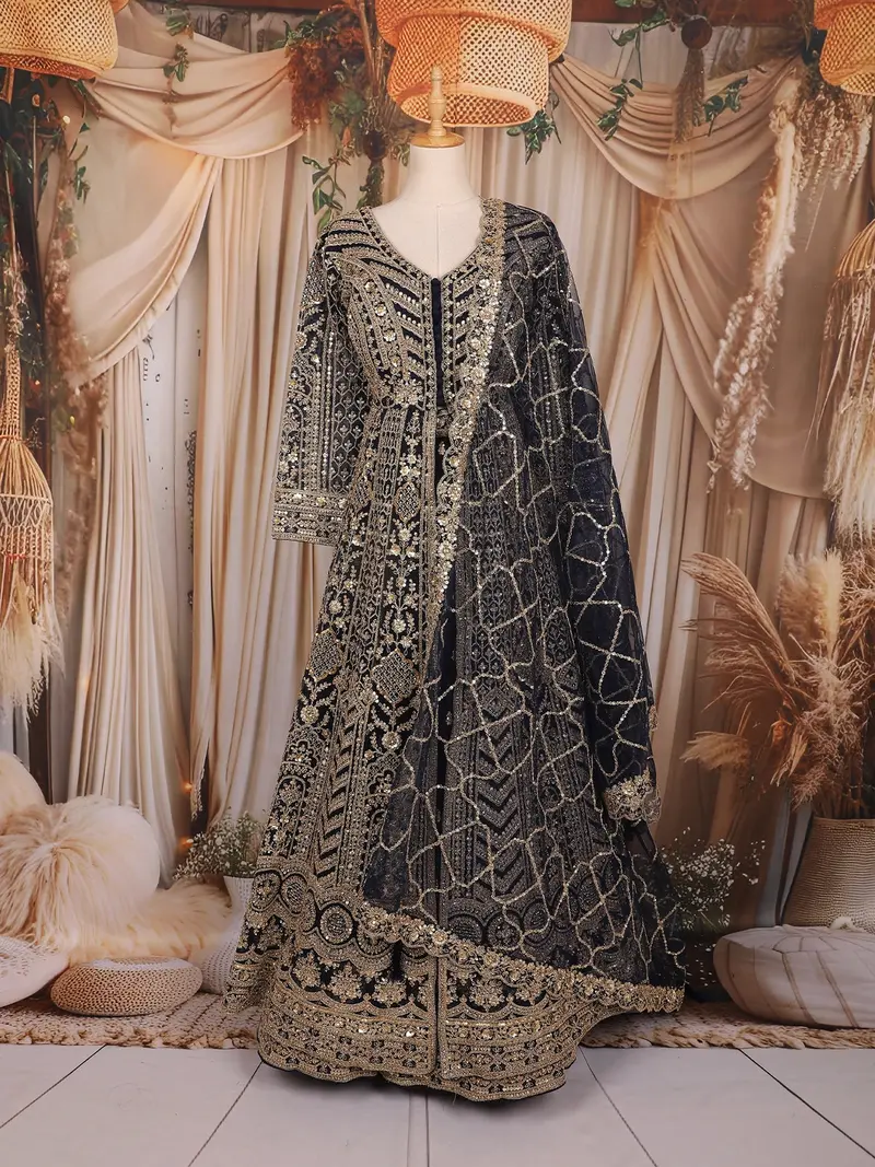Navy Blue Heavy Sequins Embroidered Design Net Mastani Lehenga With Long Jacket 1
