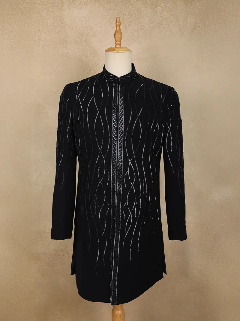 Navy Blue Heavy Sequins Embroidered Design Polynosic Indo Western Men's Sherwani Set 1