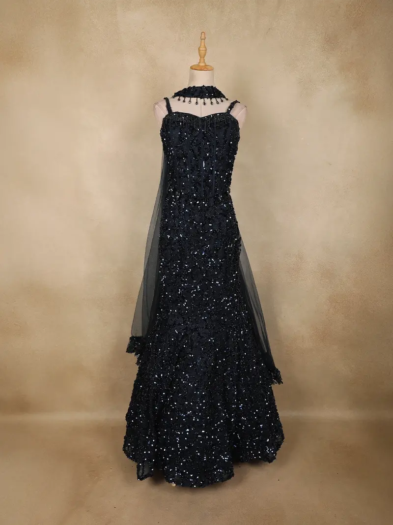 Navy Blue Heavy Sequins Embroidered Design Sequins Mermaid Lehenga With Dupatta 1