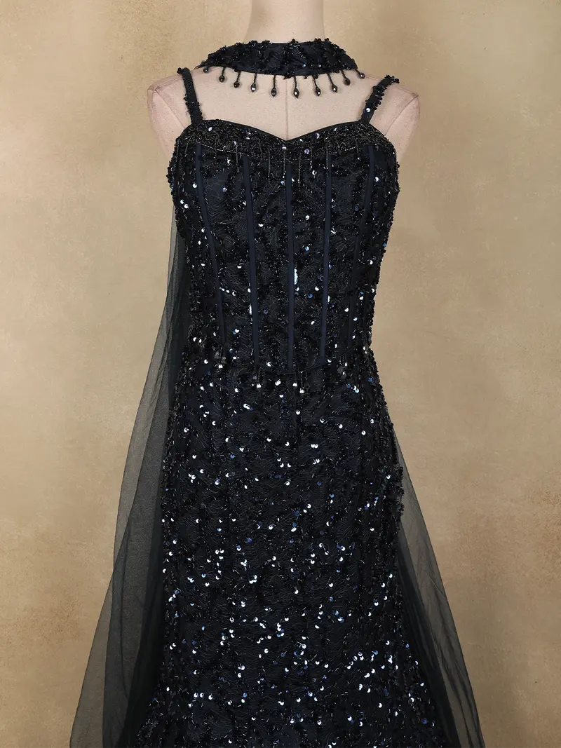 Navy Blue Heavy Sequins Embroidered Design Sequins Mermaid Lehenga With Dupatta 2