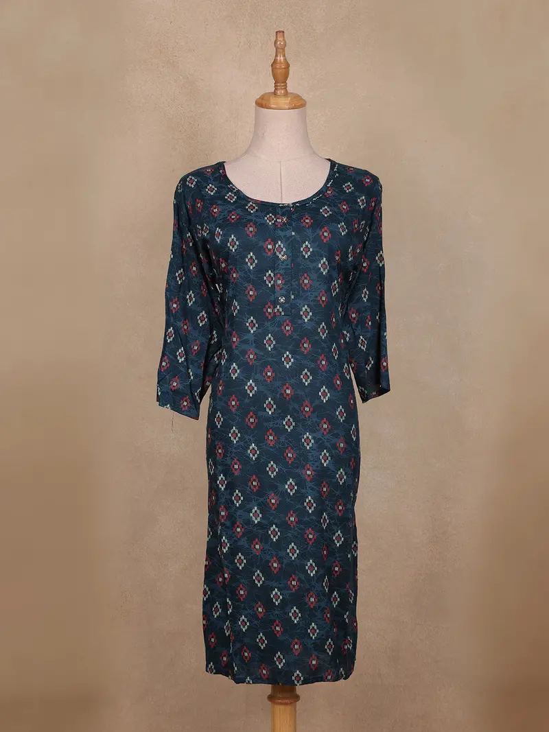 Navy Blue Ikat Printed Cotton Straight Cut Kurti 1