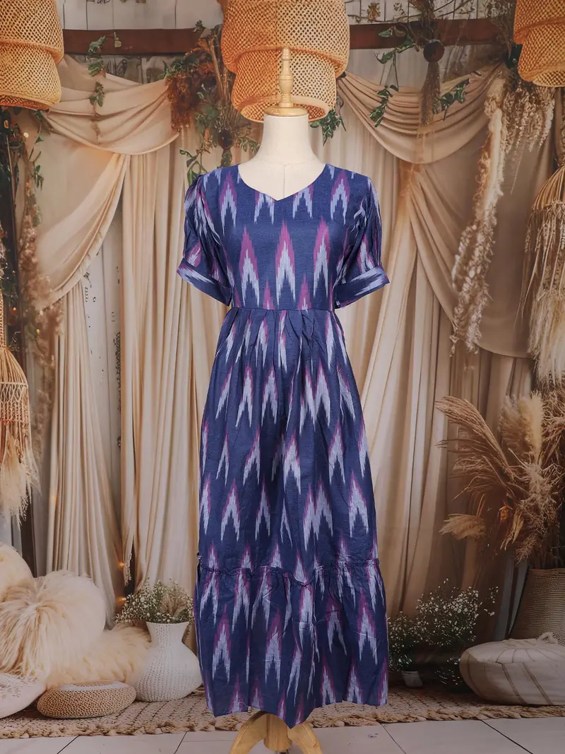 Navy Blue Ikat Printed Design Cotton Kurti 1