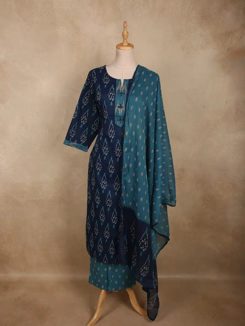 Navy Blue Ikat Printed Design Cotton Salwar Suit With Dupatta 1