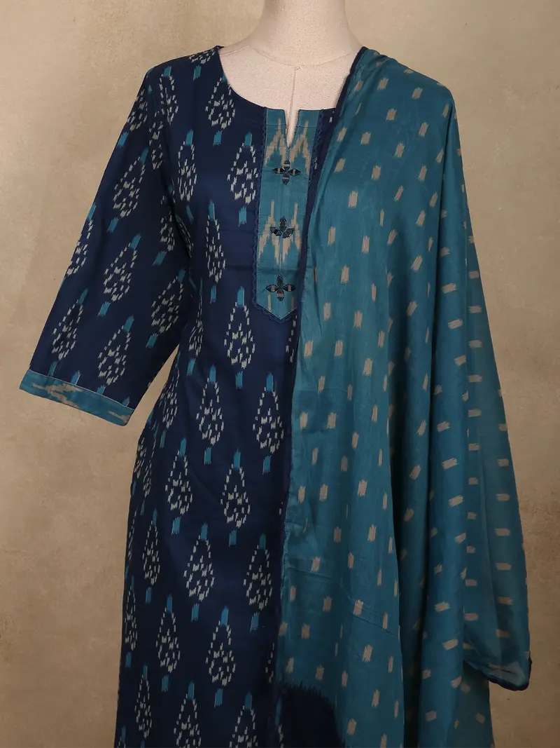 Navy Blue Ikat Printed Design Cotton Salwar Suit With Dupatta 2