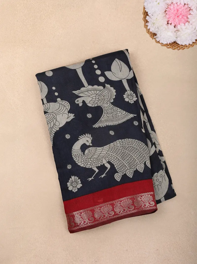 Navy Blue Kalamkari Peacock Printed Chanderi Cotton Saree With Maroon Zari Border 1