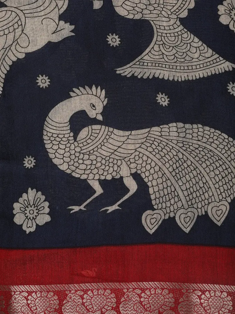 Navy Blue Kalamkari Peacock Printed Chanderi Cotton Saree With Maroon Zari Border 2