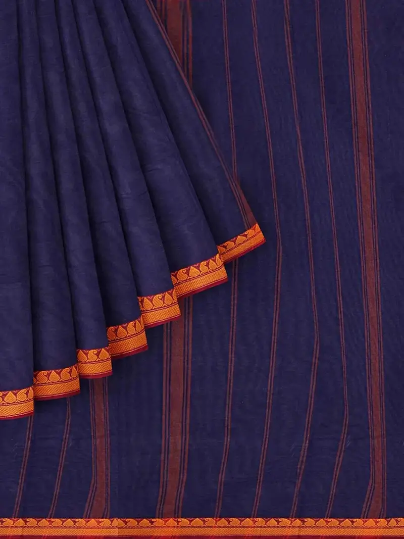 Navy Blue Kanchi Cotton Saree With Stripes On The Body And Thread Border 1