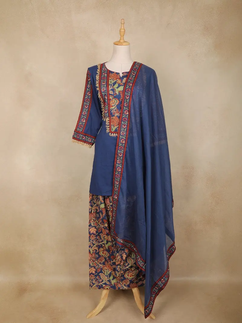 Navy Blue Kashmiri Style Floral Embroidered Cotton Salwar Suit With Dupatta 1