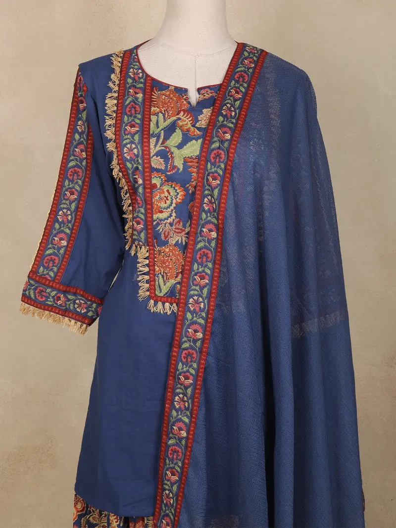 Navy Blue Kashmiri Style Floral Embroidered Cotton Salwar Suit With Dupatta 2