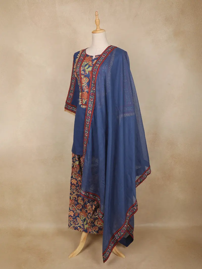 Navy Blue Kashmiri Style Floral Embroidered Cotton Salwar Suit With Dupatta 3