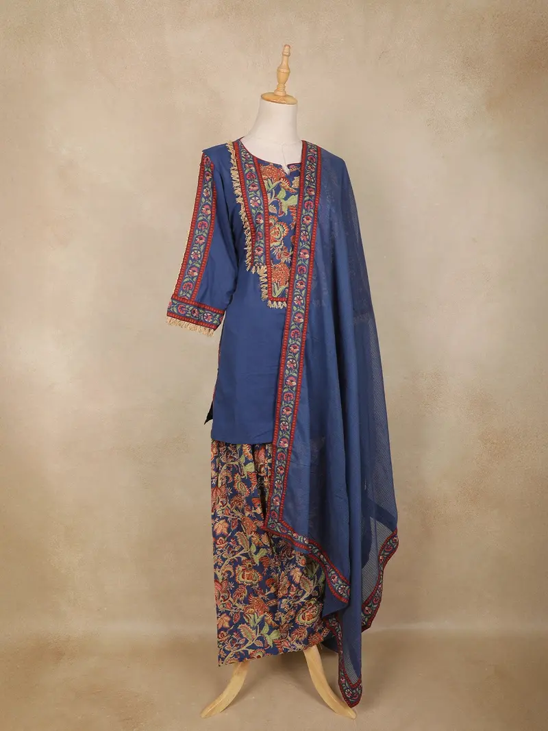 Navy Blue Kashmiri Style Floral Embroidered Cotton Salwar Suit With Dupatta 4