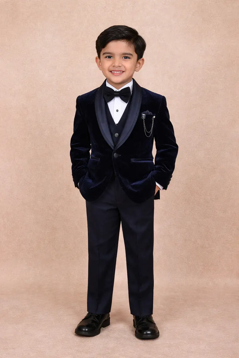 Navy Blue Kids Coat Suit With Glitter Design And Bow 1