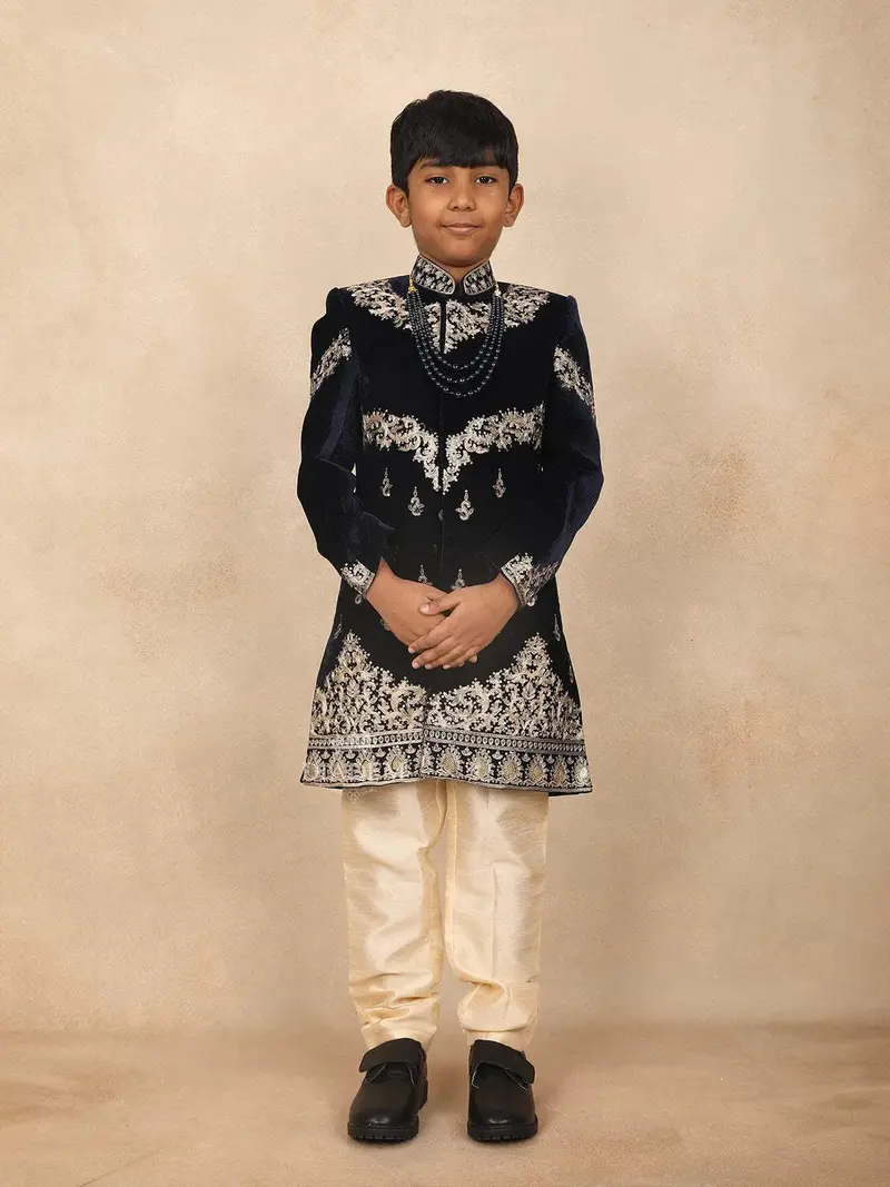 Navy Blue Kids Velvet Sherwani Adorned With Floral Sequins Design Attached With Pearl Mala 1