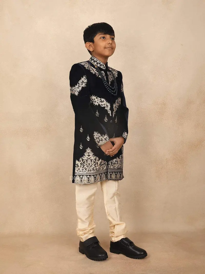 Navy Blue Kids Velvet Sherwani Adorned With Floral Sequins Design Attached With Pearl Mala 2