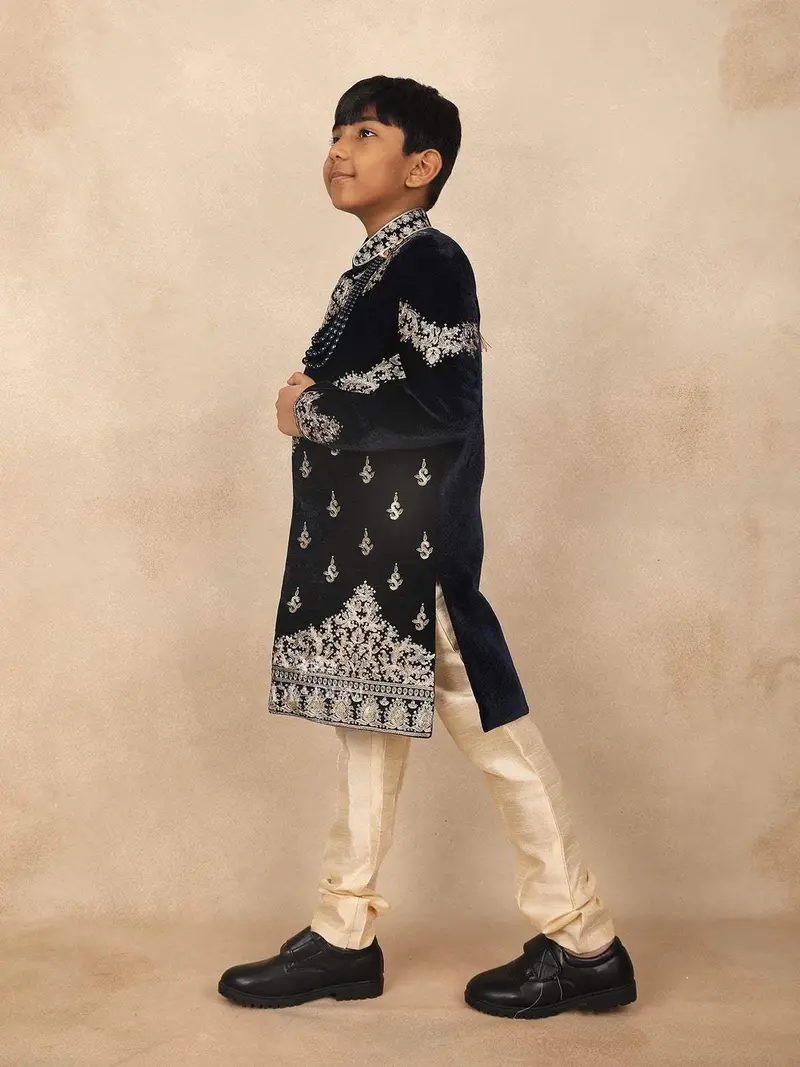Navy Blue Kids Velvet Sherwani Adorned With Floral Sequins Design Attached With Pearl Mala 3
