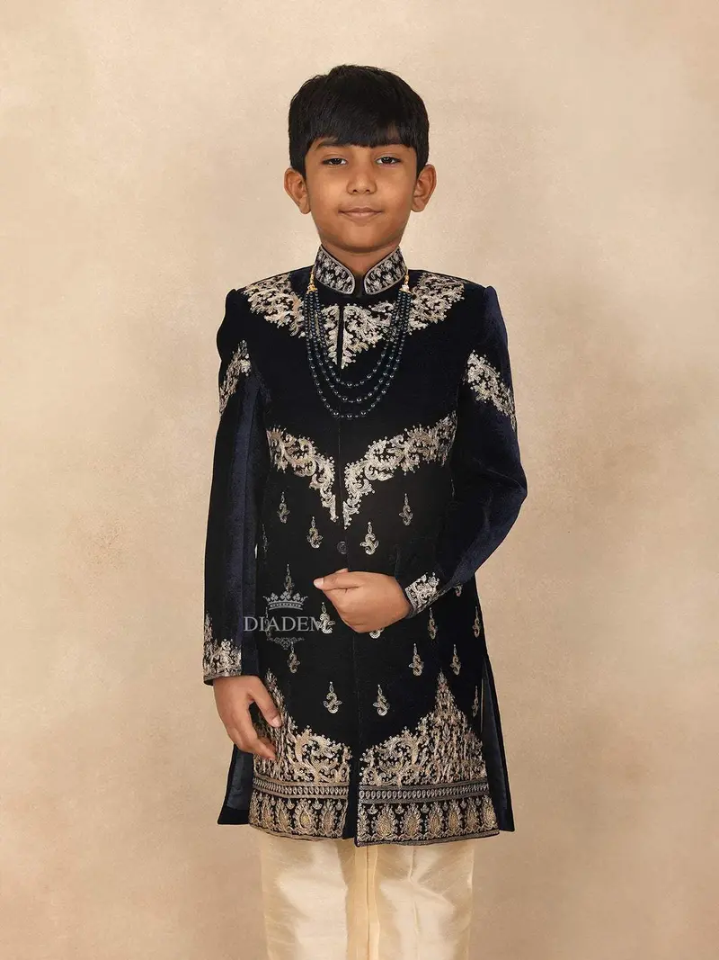 Navy Blue Kids Velvet Sherwani Adorned With Floral Sequins Design Attached With Pearl Mala 4