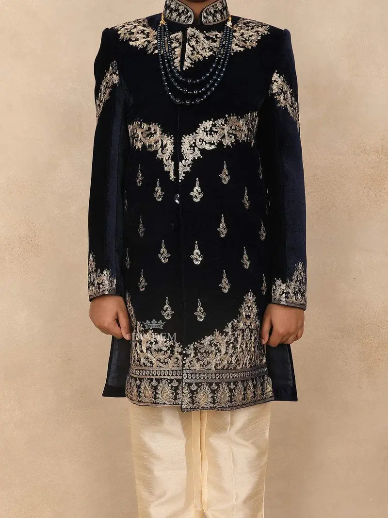Navy Blue Kids Velvet Sherwani Adorned With Floral Sequins Design Attached With Pearl Mala 5