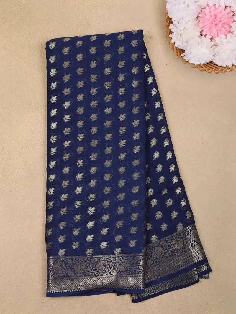 Navy Blue Leaf Butta Design Chiffon Saree 1