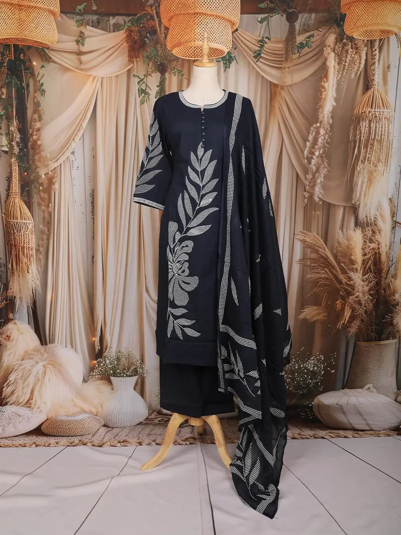 Navy Blue Leaf Embroidered Cotton Salwar Suit With Dupatta 1