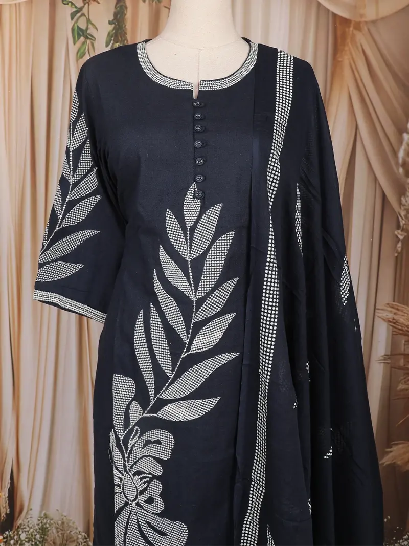 Navy Blue Leaf Embroidered Cotton Salwar Suit With Dupatta 2
