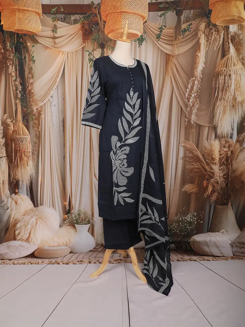 Navy Blue Leaf Embroidered Cotton Salwar Suit With Dupatta 3
