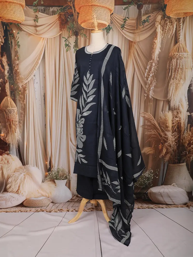 Navy Blue Leaf Embroidered Cotton Salwar Suit With Dupatta 4