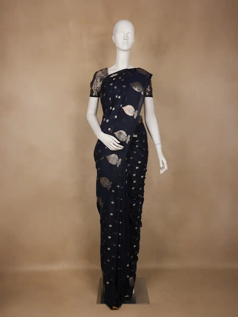 Navy Blue Leaf Motif Woven Banarasi Silk Saree 1