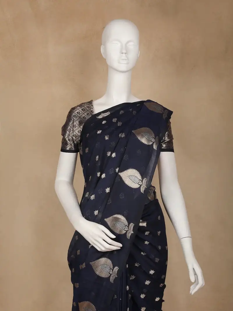 Navy Blue Leaf Motif Woven Banarasi Silk Saree 2
