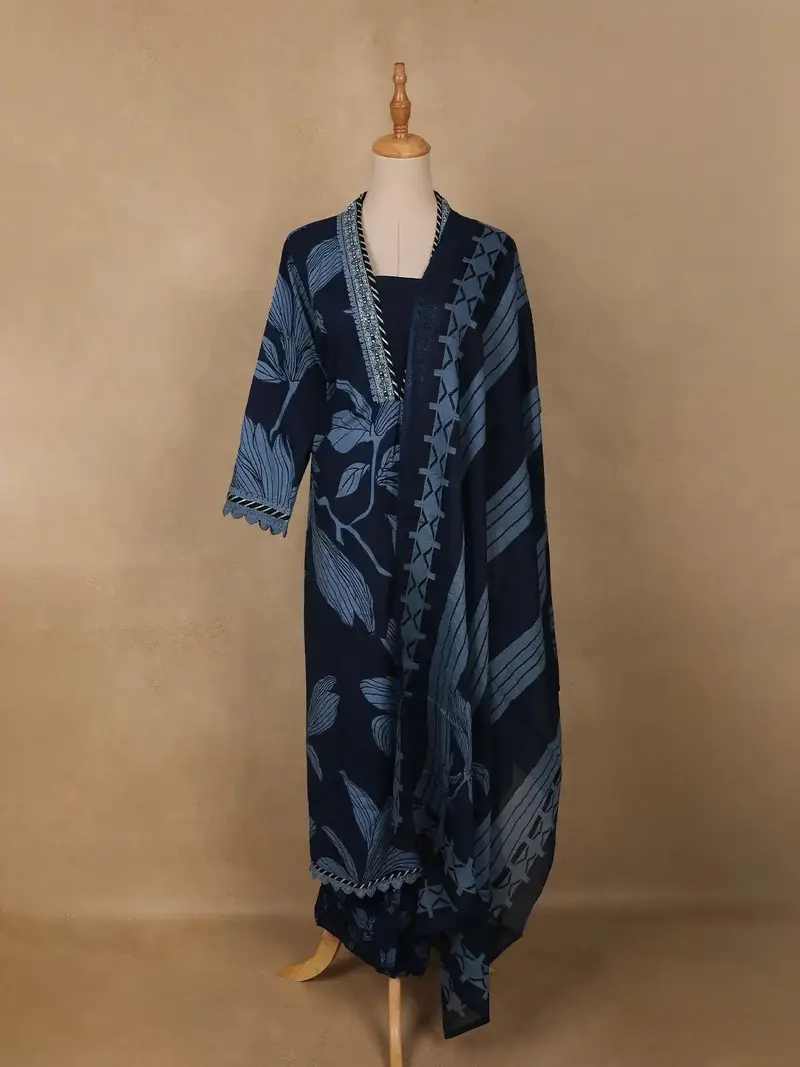 Navy Blue Leaf Print Cotton Straight Cut Salwar Suit 1