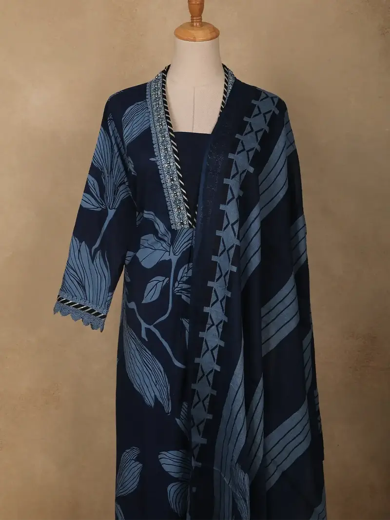 Navy Blue Leaf Print Cotton Straight Cut Salwar Suit 2
