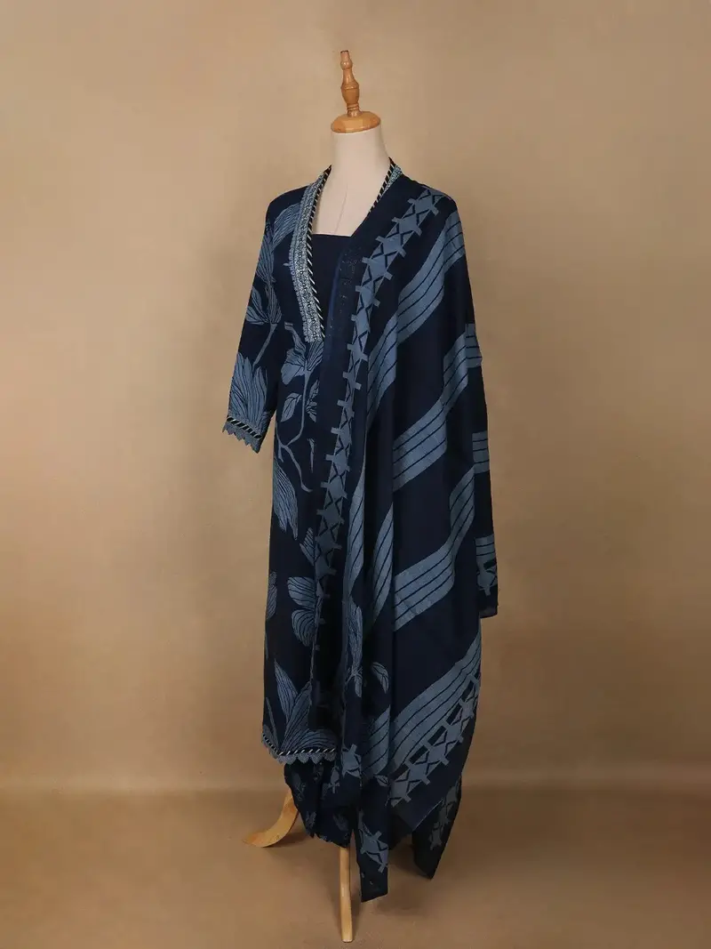 Navy Blue Leaf Print Cotton Straight Cut Salwar Suit 3