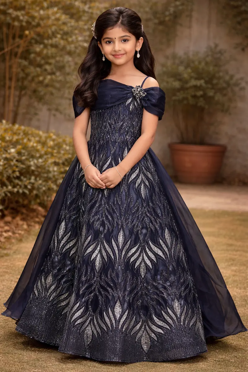 Navy Blue Leaf Sequins Design Party Wear Gown For Girls 1