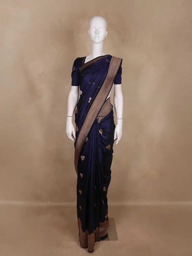 Navy Blue Leaf Woven Design Pure Banarasi Saree 1