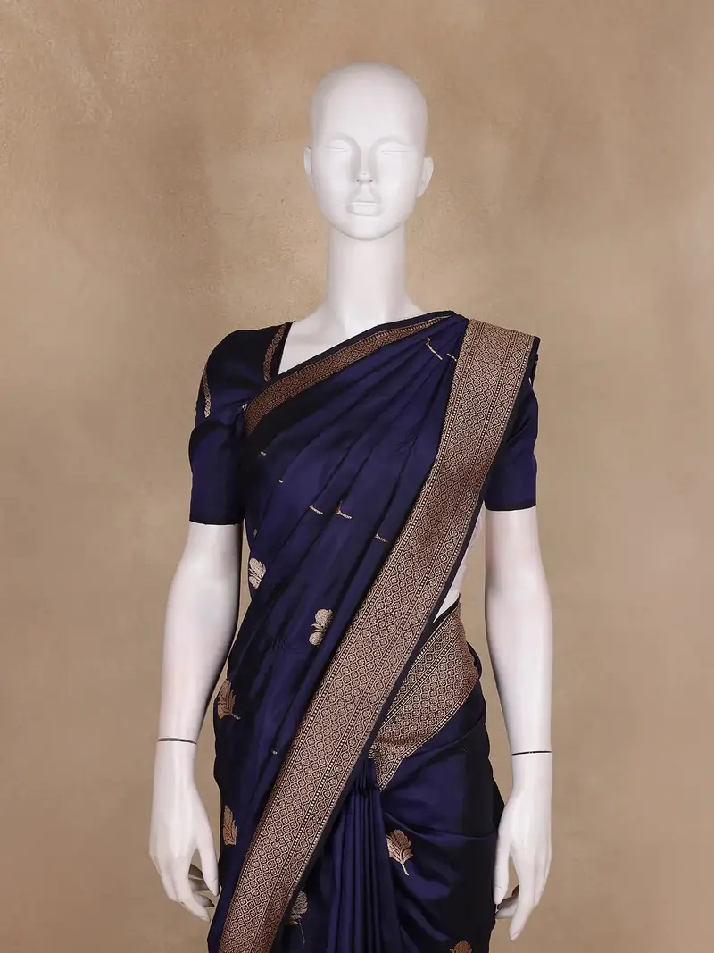 Navy Blue Leaf Woven Design Pure Banarasi Saree 2