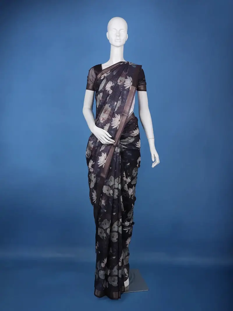 Navy Blue Lotus Floral Printed Semi Tussar Silk Saree 1