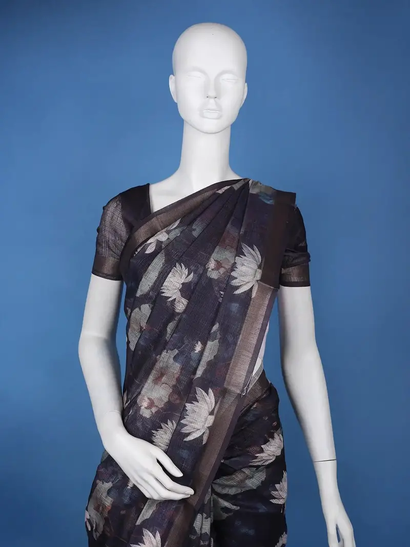 Navy Blue Lotus Floral Printed Semi Tussar Silk Saree 2