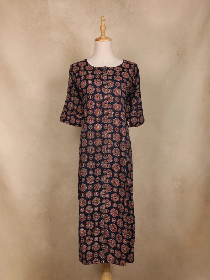 Navy Blue Mandala Floral Design Cotton Kurti 1
