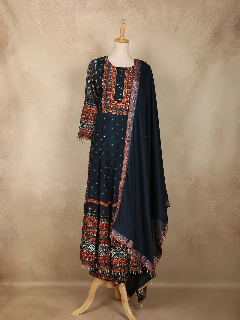 Navy Blue Mirror And Thread Embroidered Design Cotton Anarkali Salwar Suit With Dupatta 1