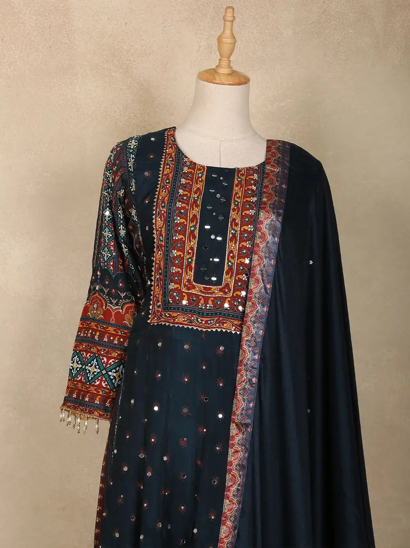 Navy Blue Mirror And Thread Embroidered Design Cotton Anarkali Salwar Suit With Dupatta 2