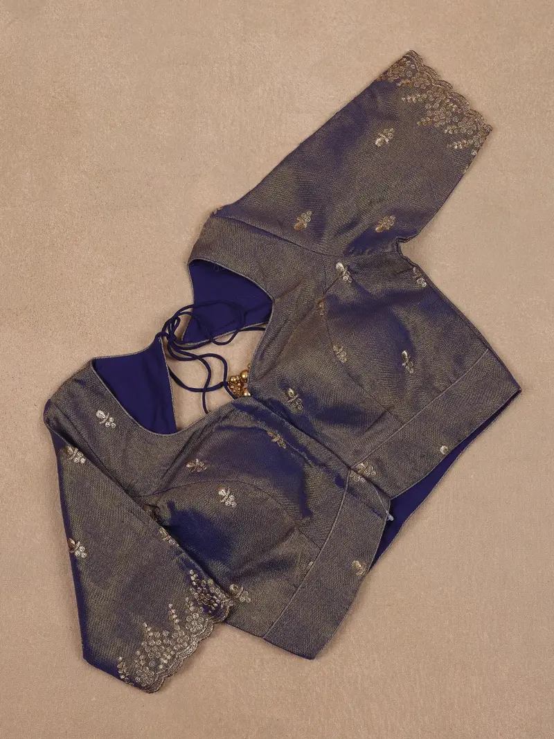 Navy Blue Motifs Design Silk Readymade Blouse 1